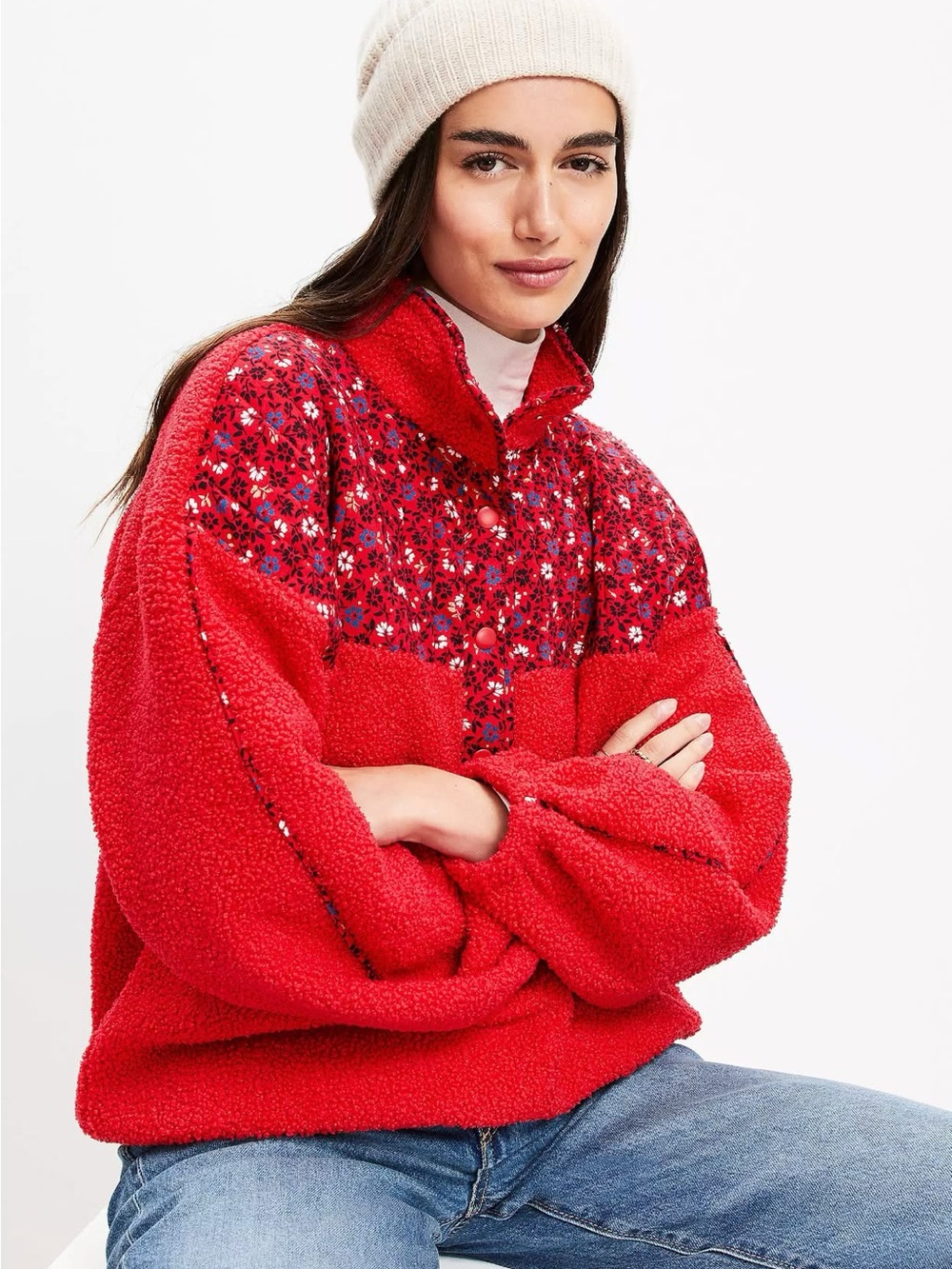 LOFT Red Floral Sherpa Pullover Jacket